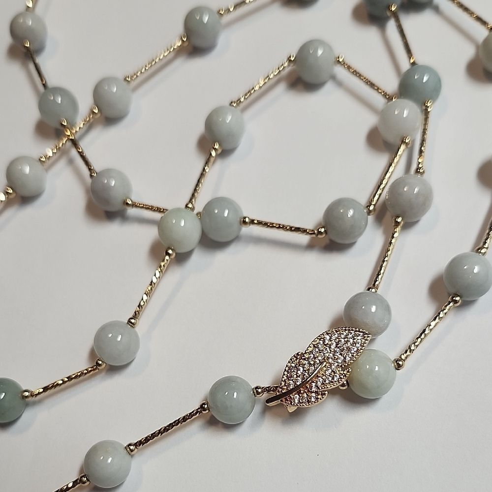 SJ Pearl Brand Natural Jade Lariat Necklace Leaf Rhinestone Accent